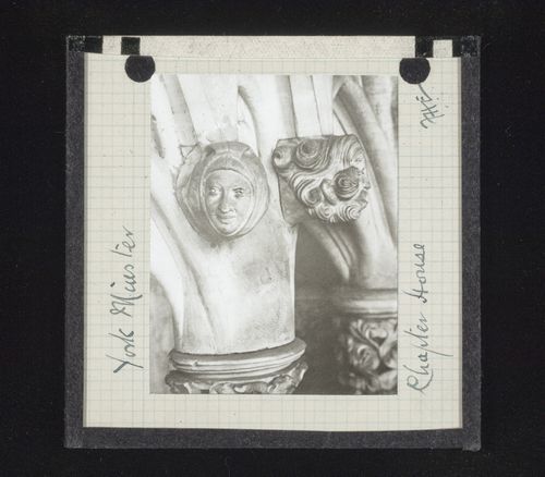 View of two sculptures of heads in Chapter House of York Minster, York, North Yorkshire, England