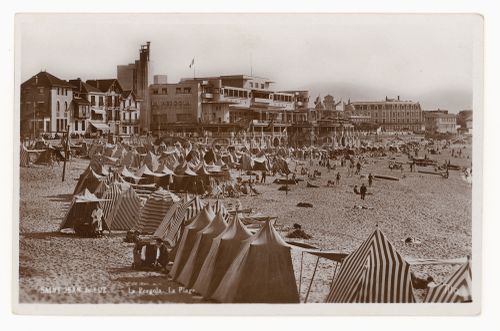 Postcard of the beach, with casino La Pergola in distance, Saint-Jean-de-Luz, France