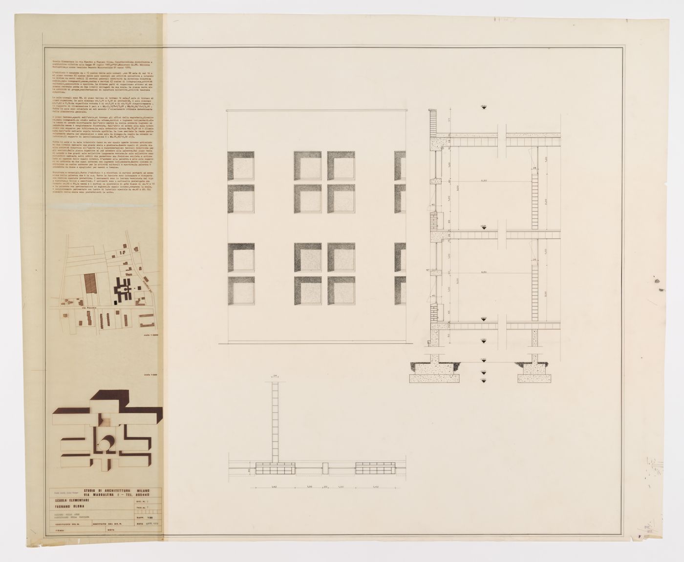 Section of classrooms and detail of the facade (Sezione sulle aule, particolare della facciata), Scuola elementare a Fagnano Olona, Italy