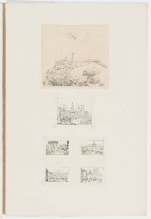 View of a building on a hill, perhaps a farm; Views of structures in Paris, including the Panthéon, Hôtel de ville, and Porte Saint-Denis with military activities in the foreground
