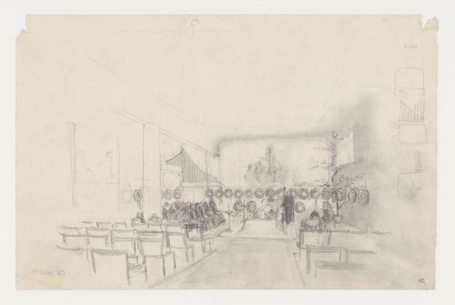 Interior sketch perspective for the Chapel of Faith showing a service underway, Woodland Crematorium, Woodland Cemetery, Stockholm, Sweden