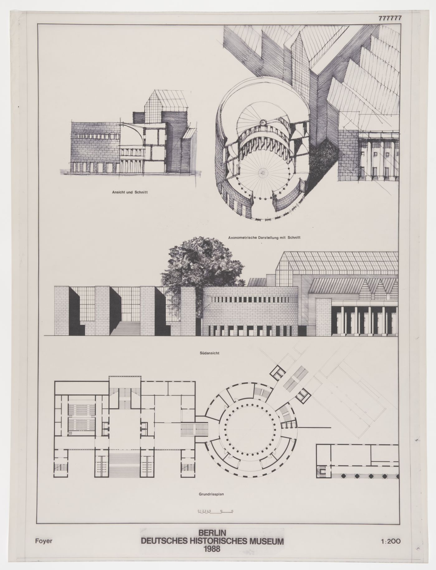 Deutsches Historisches Museum, Berlin, Germany: cut-away view, axonometric, elevation and floor plan for the foyer
