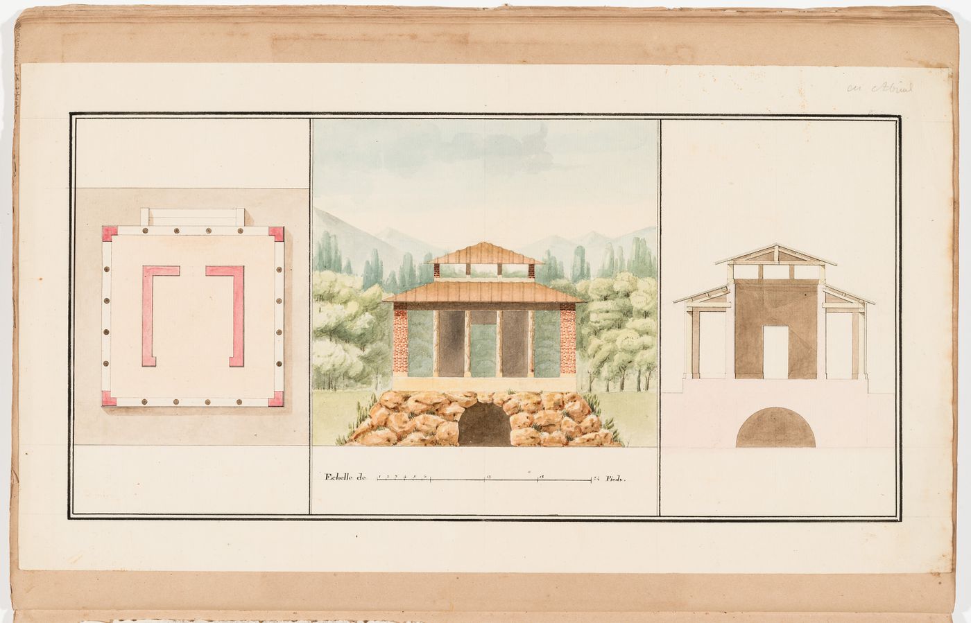 Site plan, plans, elevations for a country house with a large garden; verso: Plan, elevation and cross section for a rustic pavilion for M. Abrial