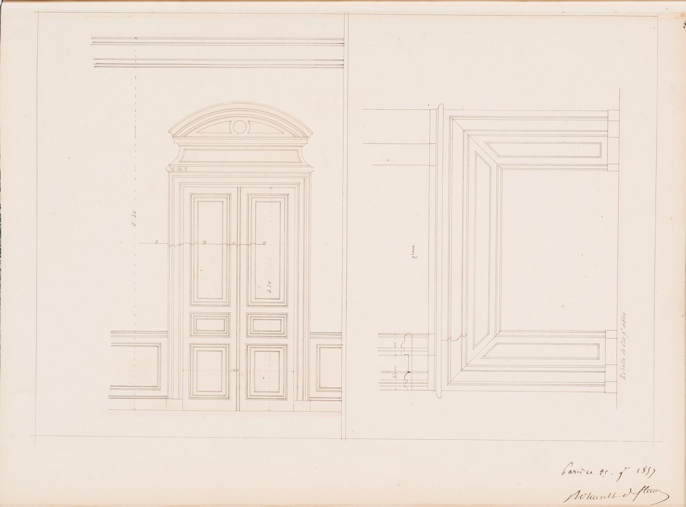 Project for a Hôtel de préfecture, Poitiers: Interior elevations for a mantel and door for the Hôtel du Préfet, possibly for the "salon de l'empereur"