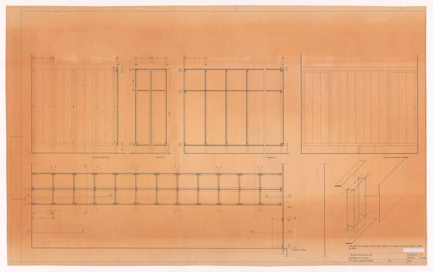 Staff bathroom plan, elevations and sections for Piscina das Marés, Leça da Palmeira, Portugal