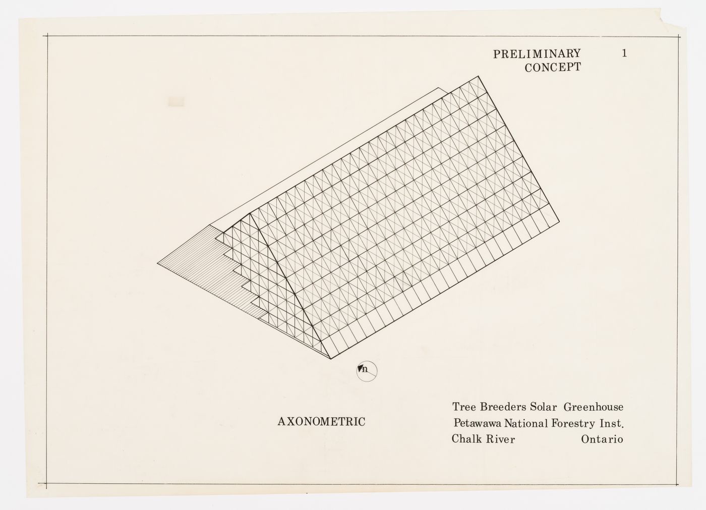 Perspective axonométrique, Projet de pépinière à chauffage solaire actif et passif pour le Petawawa National Forestry Institute, Chalk River, Ontario, Canada