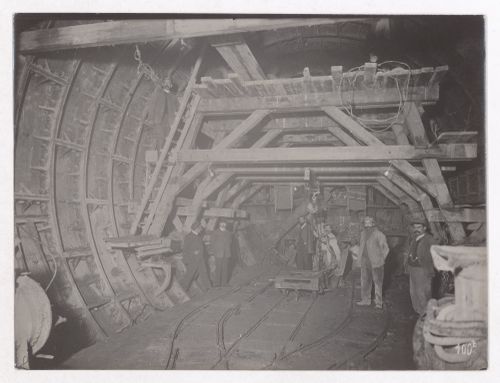 Construction of the Paris Metro, interior view of the tunnel with workers, Paris, France