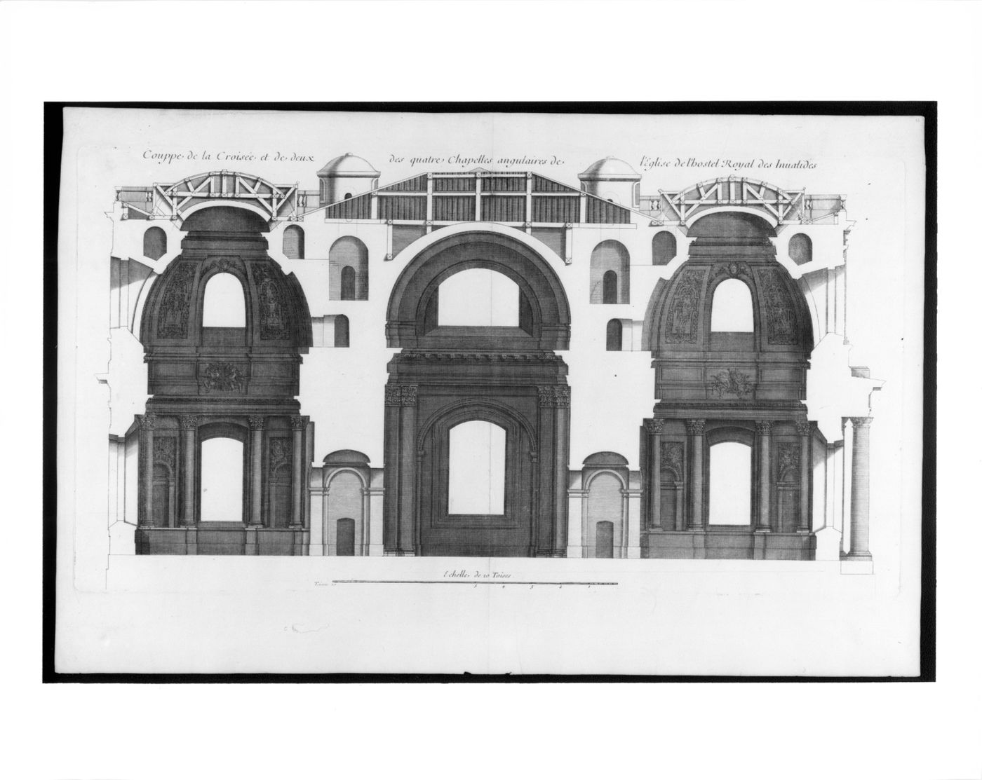 Section for Église des Invalides, Paris, showing the crossing and two chapels