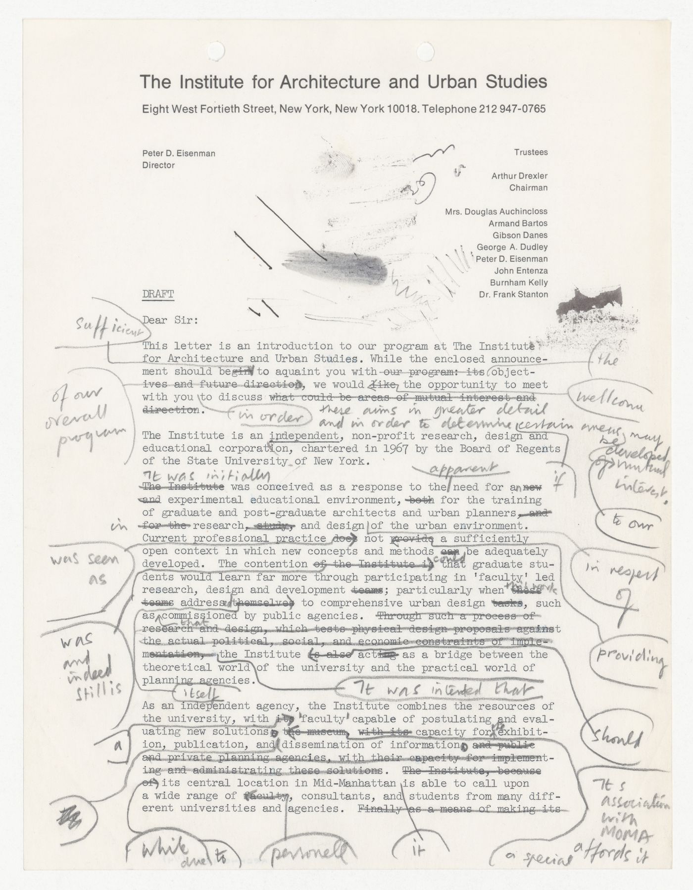 Draft letter for requesting donations including a brief overview of IAUS history and projects written by Peter D. Eisenman with corrections and annotations