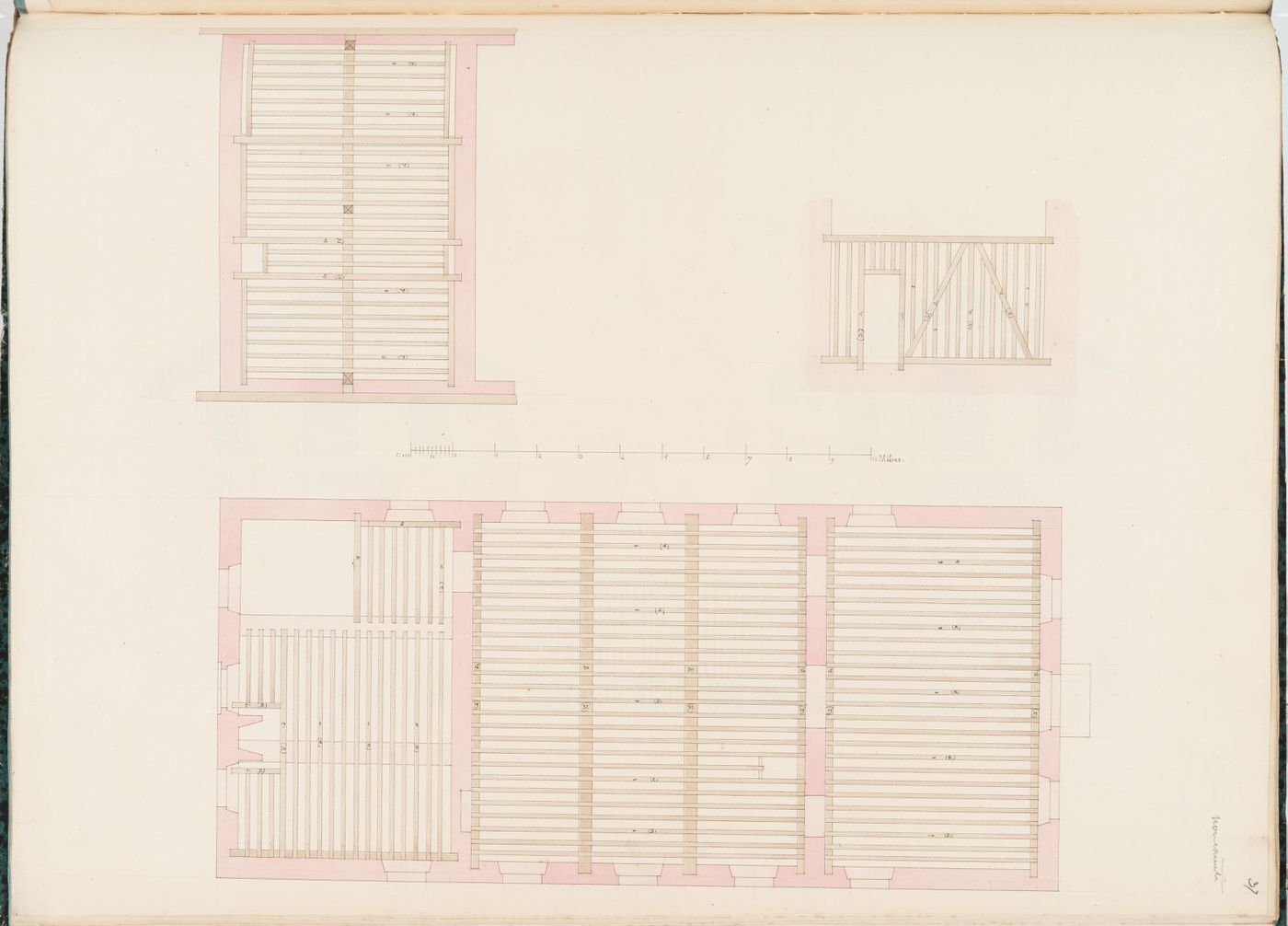 Floor framing plans and a section showing wall framing for a manège, Parc de Clichy