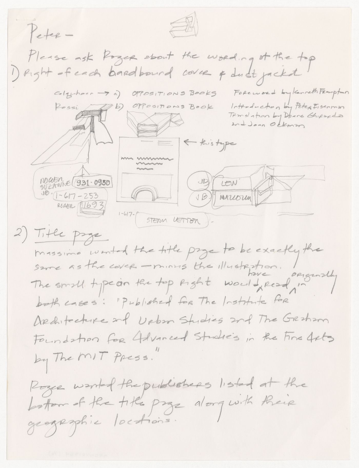 Notes by Lindsay Stamm Shapiro to Peter D. Eisenman about format of Oppositions Books covers and title pages