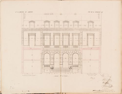 Contract drawing for a house for Madame la comtesse de Lubersac, 95 rue de la Pépinière, Paris: Sectional elevation for the courtyard façade