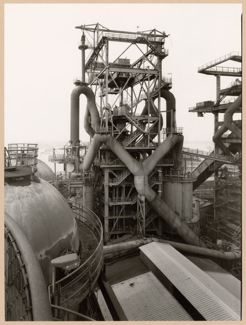 View of blast furnace head C of Metallhüttenwerk industrial plant, Lübeck-Herrenwyk, Germany