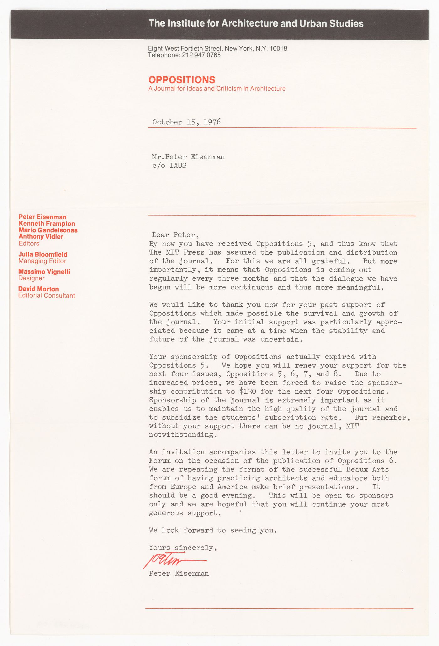 Letter to Peter Eisenman from Peter Eisenman about Oppositions
