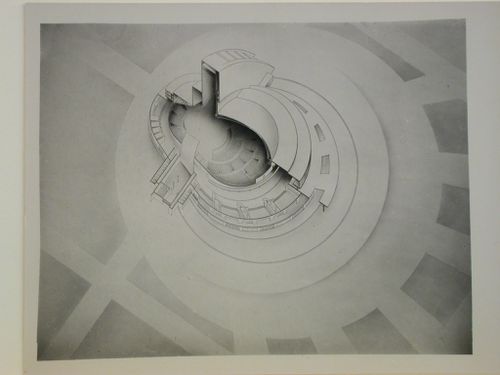 Photograph of a cutaway perspective drawing for the first round of competition for a "synthetic theater" in Sverdlovsk, Soviet Union (now Ekaterinburg, Russia)