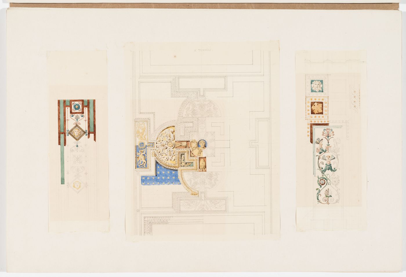 Ornament drawings of a band decorated with arabesques and mascarons; Interlocking panels with ornamentation surrounded by decorated moldings in 'Termini'; Panel decorated with grotesques and surrounded by two smaller panels with egg and dart moldings