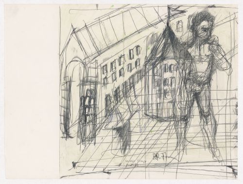 Perspective sketch for Centro Direzionale, Florence, with sketches of a statue of David
