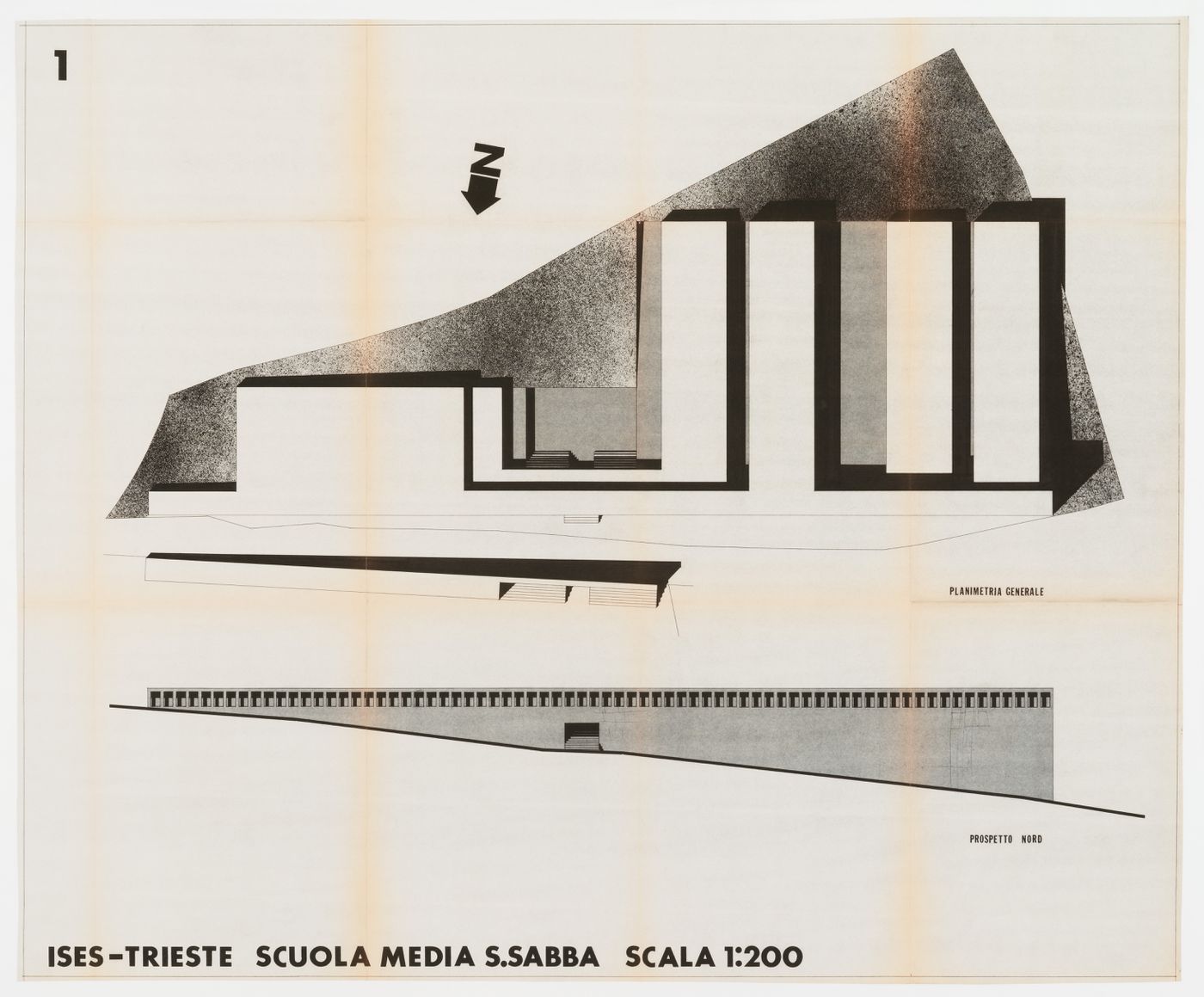 School at San Sabba, Trieste, Italy: plan and northern elevation