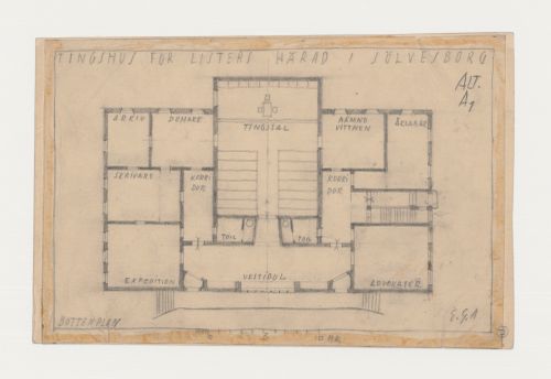 Ground plan for Lister härads tingshus showing a rectangular courtroom, Sölvesborg, Sweden