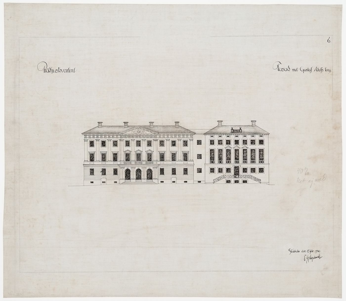 Elevation for the principal façade for the 1918-1925 design for the Göteburgs rådhusets tillbyggnad [courthouse annex] showing the 1918-1925 design for the Göteburgs rådhus [courthouse], Göteborg, Sweden