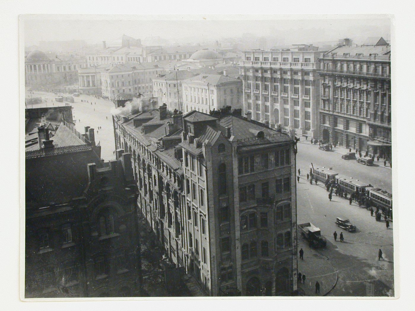 View of the apartment building at 16 Mokhovaia Street from an elevated viewpoint showing the Fabric Hotel in the foreground, Moscow