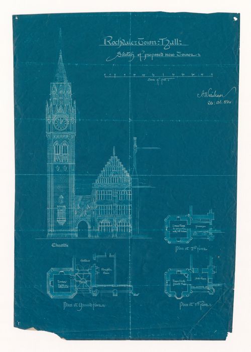 Rochdale Town Hall: Elevation and plans for proposed new tower