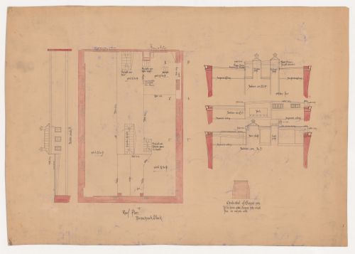 Monadnock Block, Chicago: Roof plan and sections with elevation detail for the chimney pots