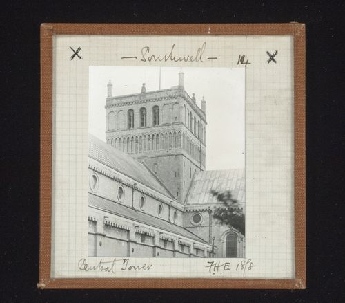 Exterior view of central tower of Southwell Minster, Southwell, Nottinghamshire, England