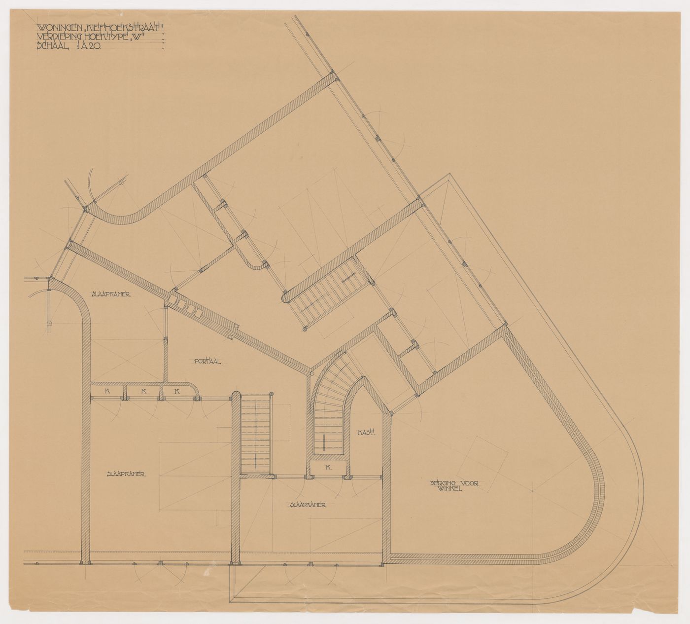 Plan for a type W housing unit showing bedrooms and an adjacent store for Kiefhoek Housing Estate, Rotterdam, Netherlands