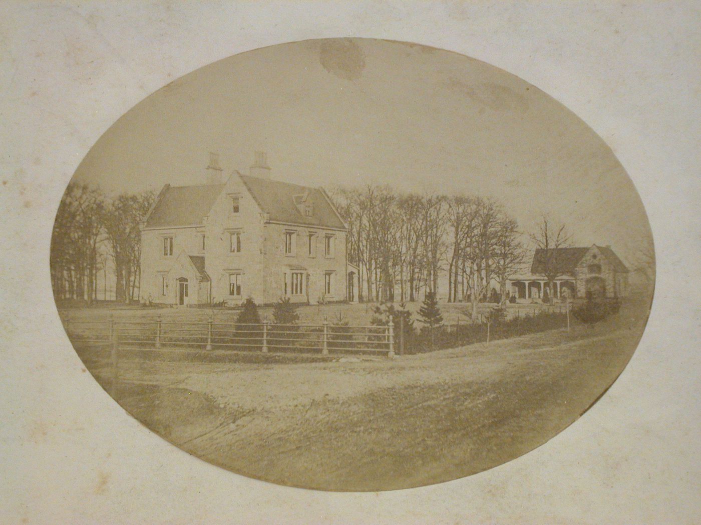 Cottage farm, home of Amos A. Lawrence view from road, Brookline, Massachusetts