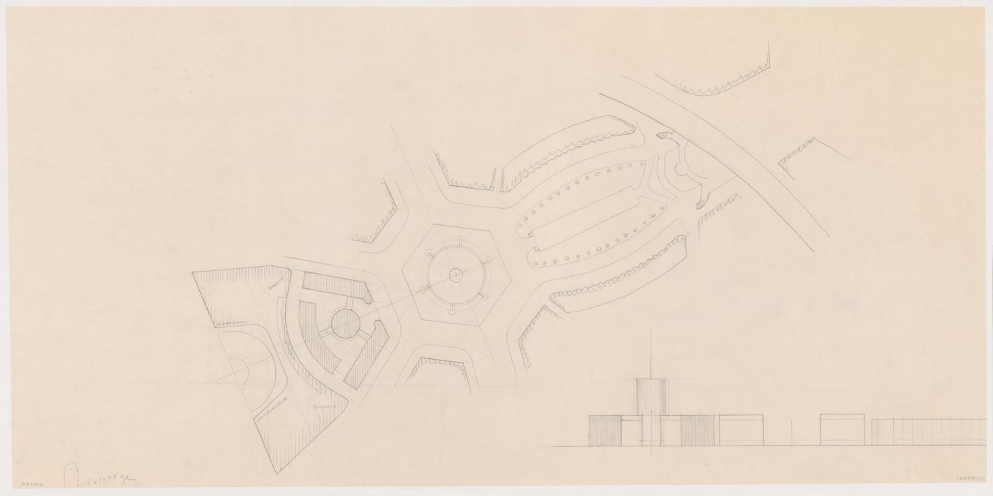 Site plan for the reconstruction of the Hofplein showing Industriegebouw Plan B, other mixed-use developments, monument plaza and Café Viaduct, and street elevation showing Industriegebouw Plan B and other mixed-use developments, Rotterdam, Netherlands