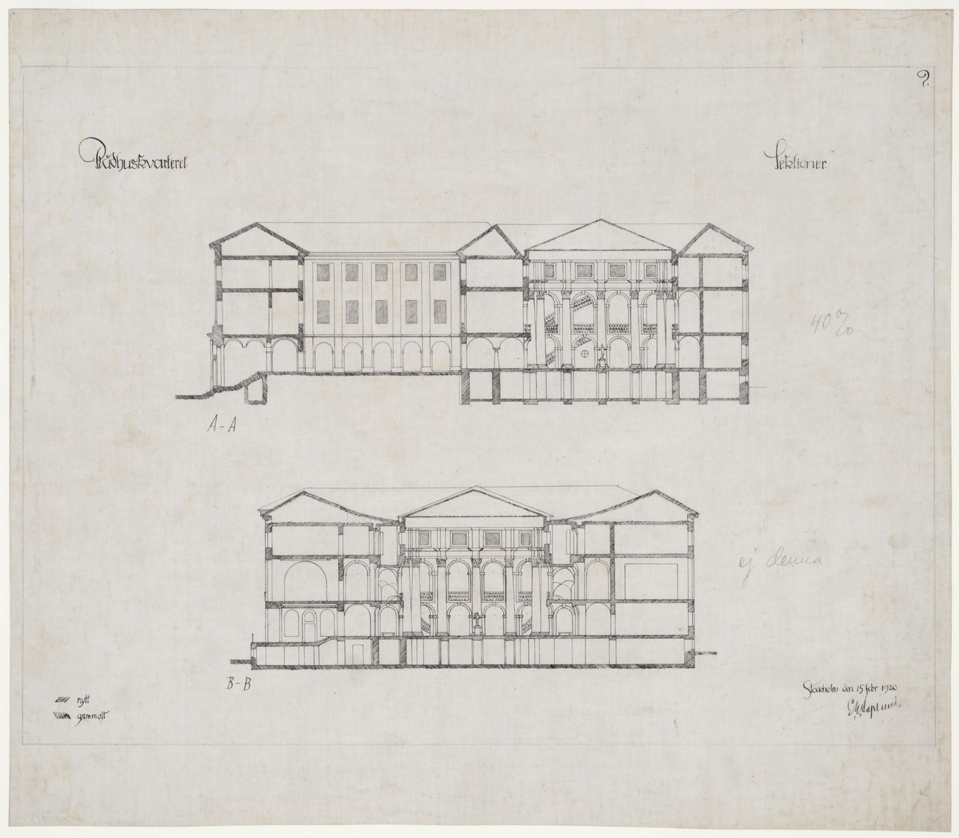 Sections A-A and B-B for the 1918-1925 design for the Göteborgs rådhusets tillbyggnad [courthouse annex], Göteborg, Sweden
