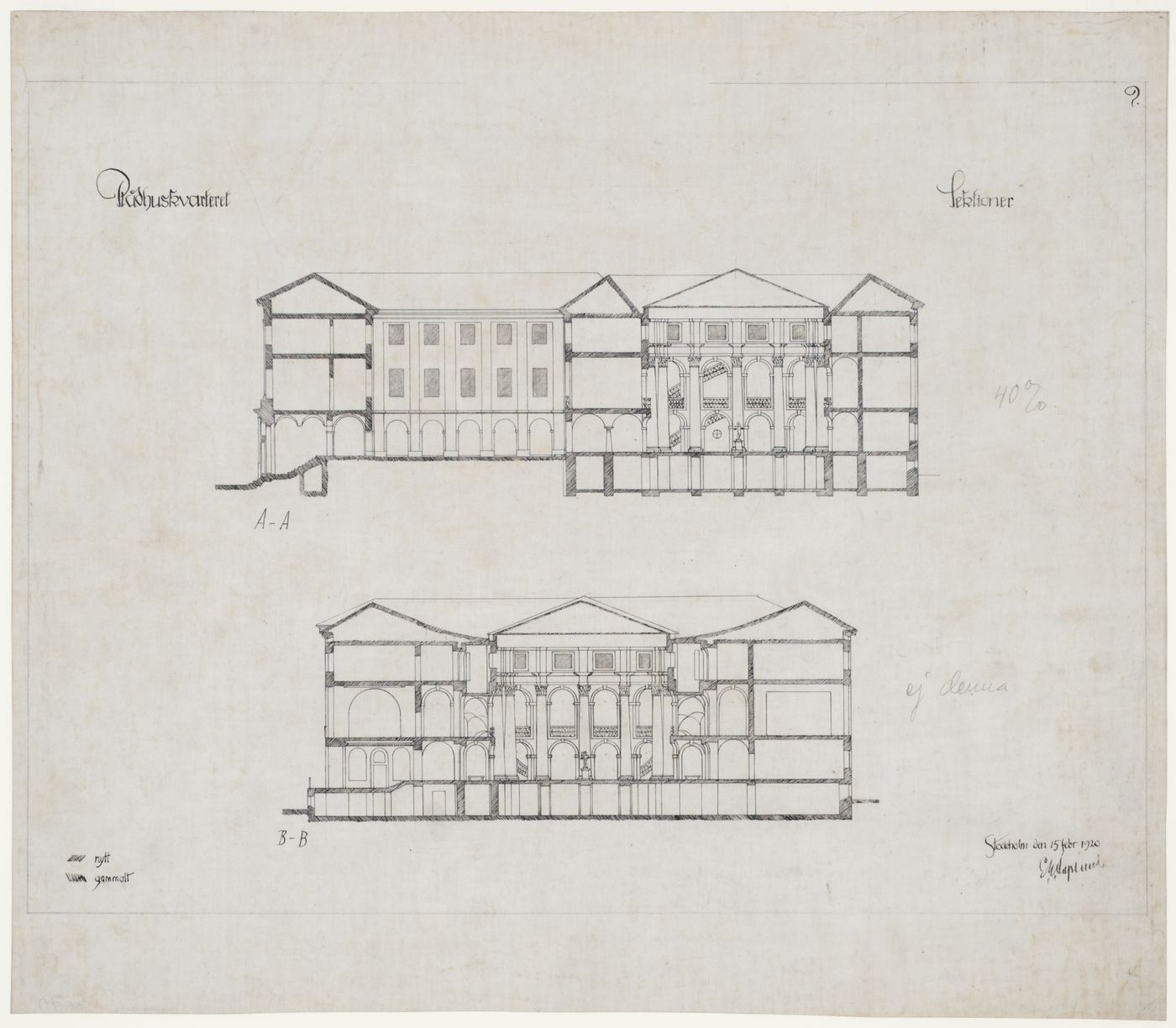 Sections A-A and B-B for the 1918-1925 design for the Göteborgs rådhusets tillbyggnad [courthouse annex], Göteborg, Sweden