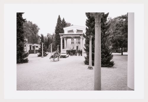 View of mourners at the main Chapel, Zale Cemetery, Ljubljana, Slovenia