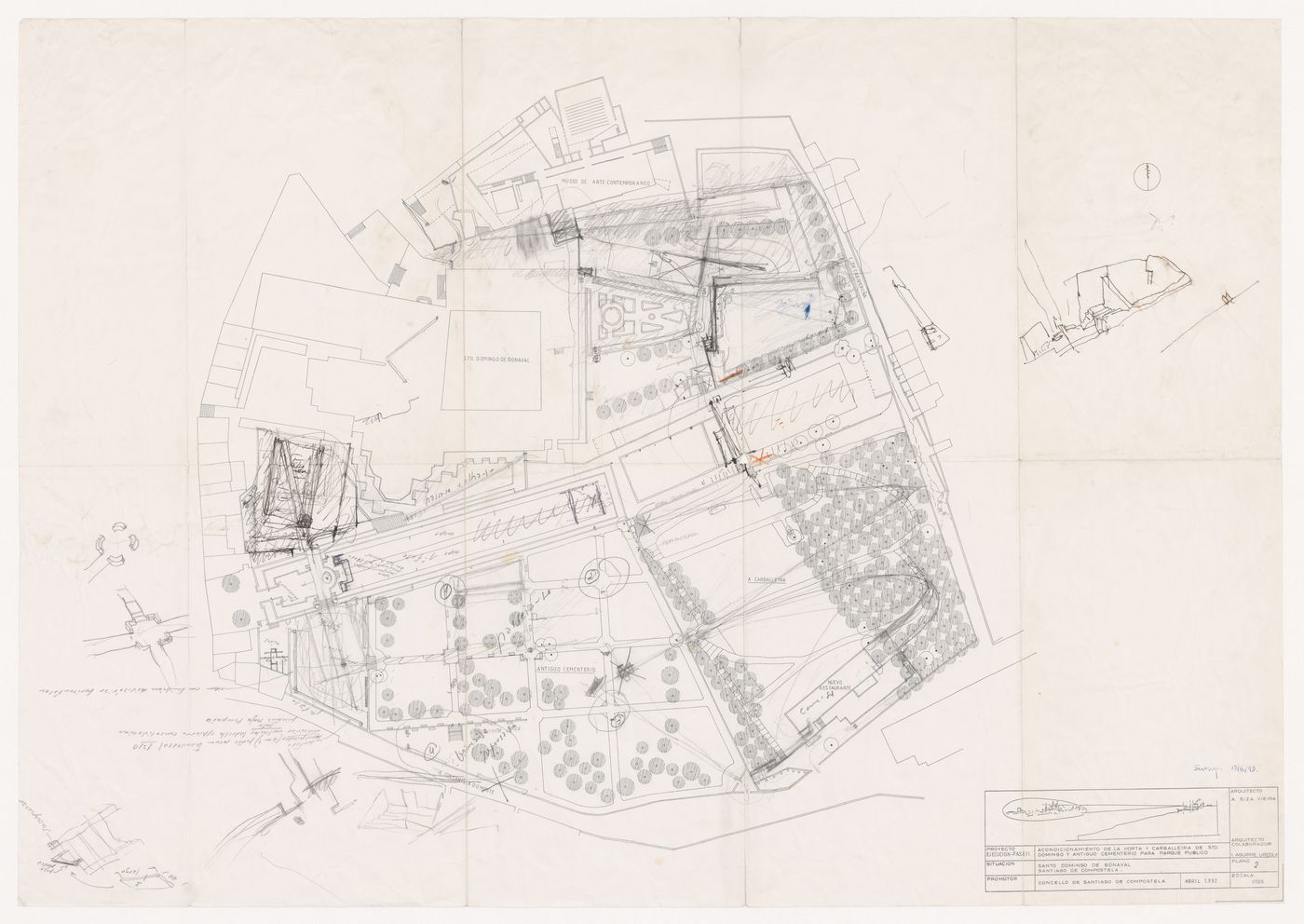 Plan and sketches for the conversion of the garden of Santo Domingo de Bonaval and the old cemetery into a public park, from the project file "Centro Galego de Arte Contemporânea [Galician Centre of Contemporary Art], Santiago de Compostela, Spain"