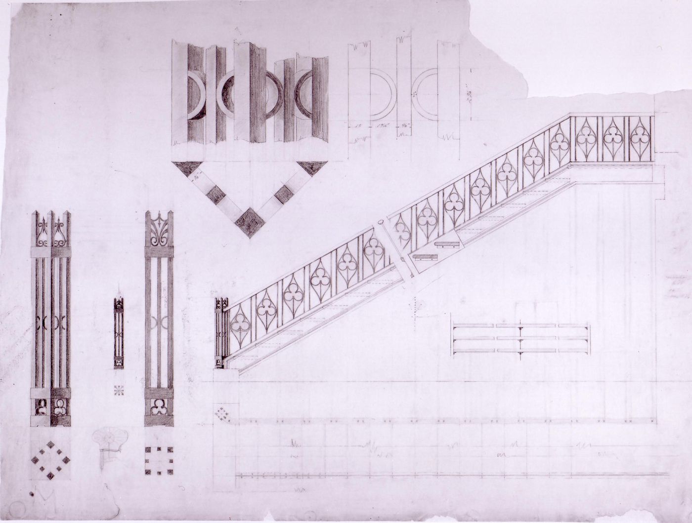 Plans, elevations and details for a balustrade and stairs for a chapel for Notre-Dame de Montréal, apparently for the renovations of 1929-1949; verso: Section and partial section for a four-storey house, Montréal [?]