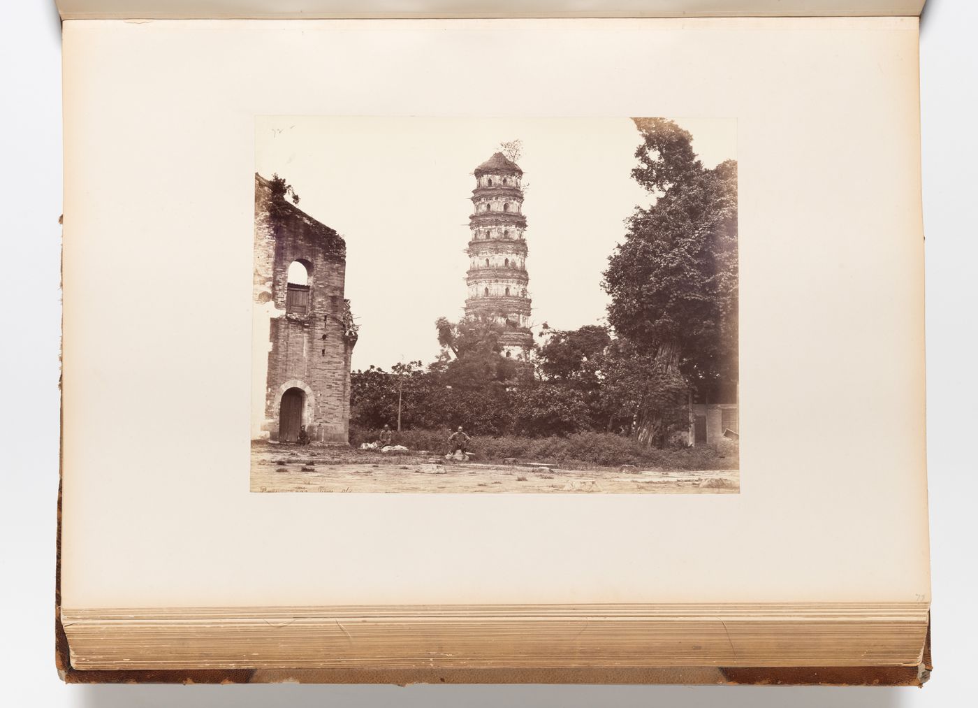 View of the ruins of the Flowery Pagoda [Hua Ta], Liurong Si (also known as Six Banyans Temple), Canton (now Guangzhou), China