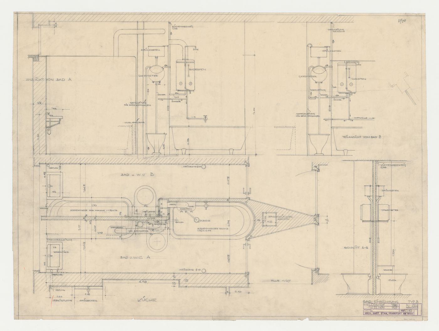 Plan and sections for a type B bathroom and lavatory for a housing unit, Hellerhof Housing Estate, Frankfurt am Main, Germany