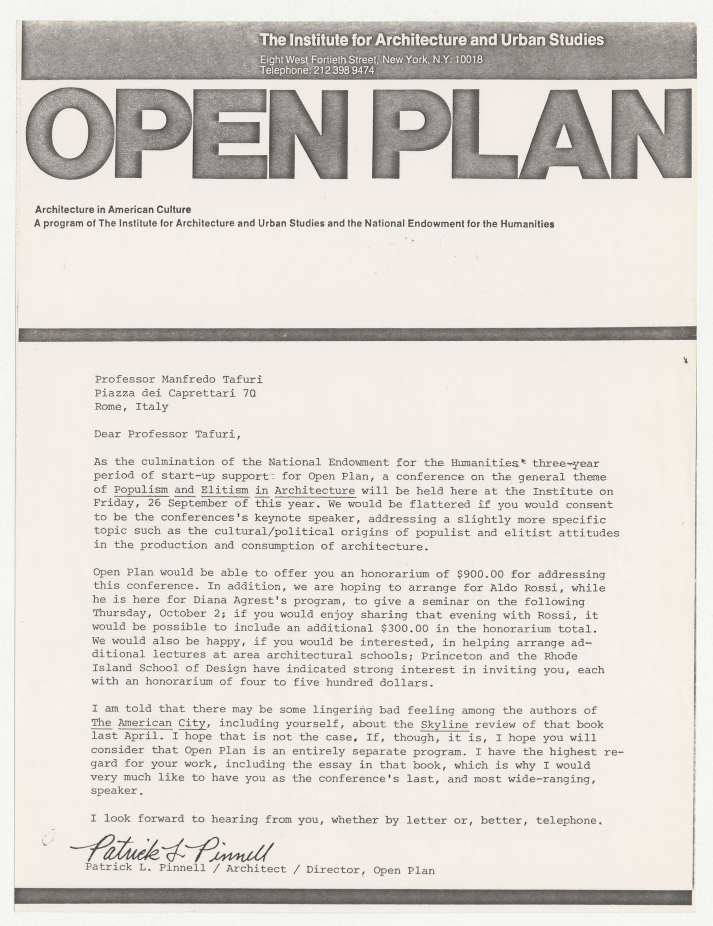 Letter from Patrick Pinnell to Manfredo Tafuri inviting Tafuri to be the keynote speaker at Open Plan