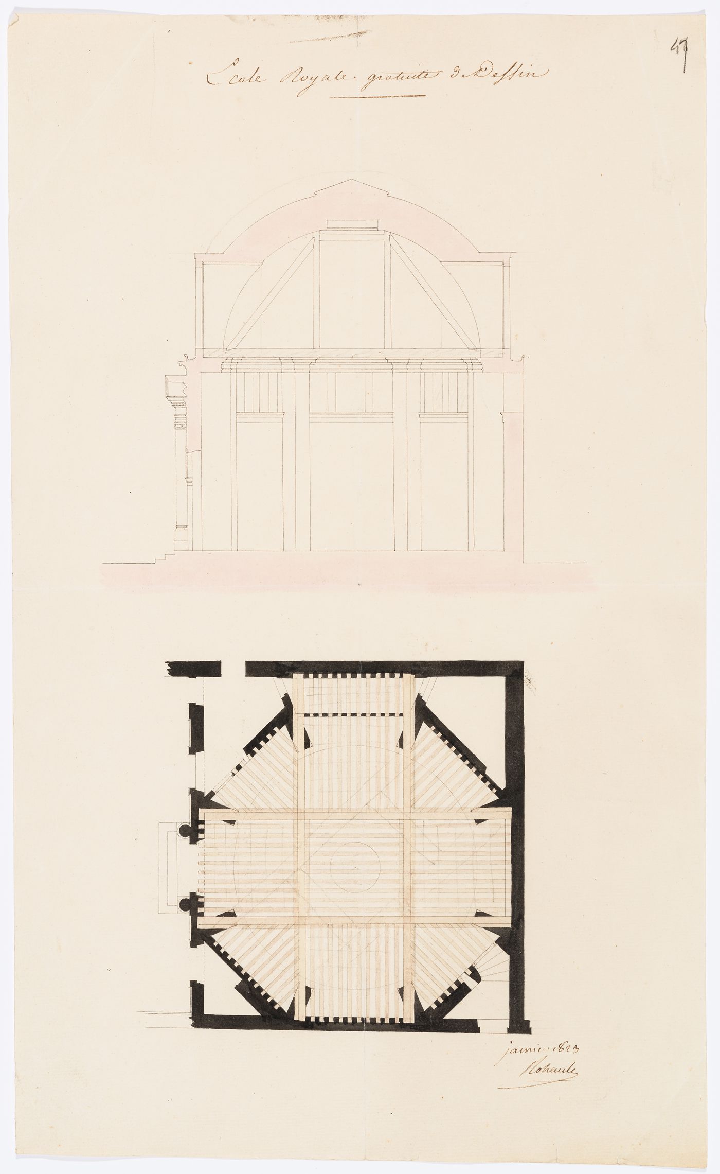 Project for the redevelopment of the École de médecine and surrounding area, Paris: Section and framing plan for the ampitheatre for the École royale gratuite de dessin