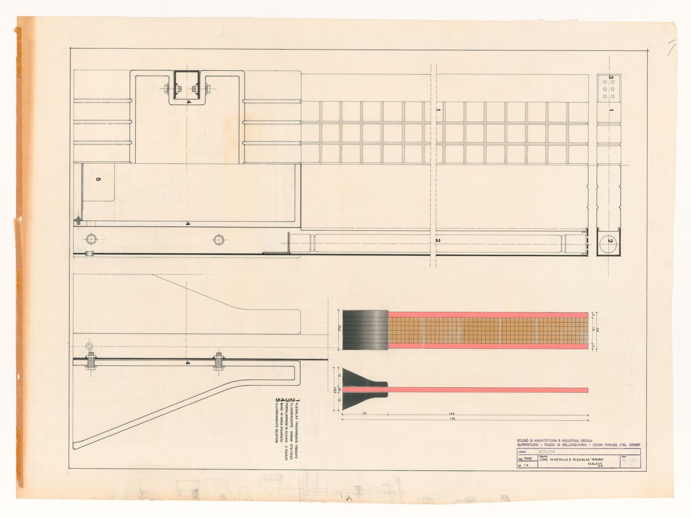 Technical drawing for Misura lamp prototype for Flos