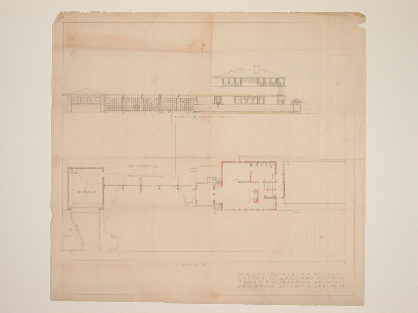 William B. Greene House, Aurora, Illinois: East elevation and plan for house, garage, and adjacent grounds