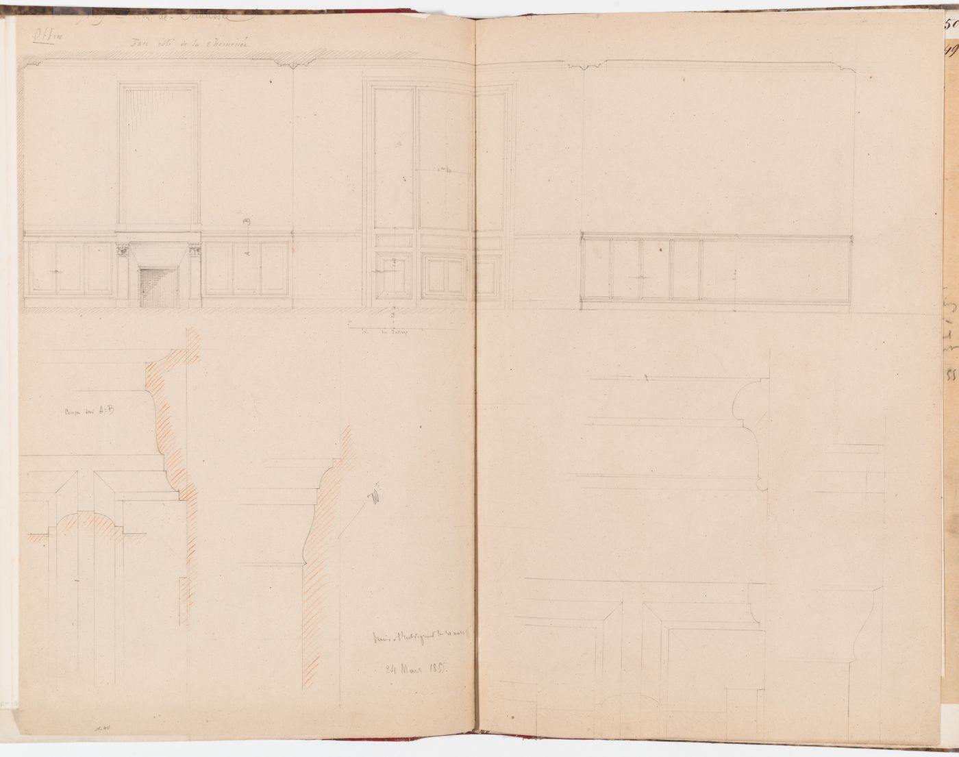 Elevation and details for the ground floor "office" panelling, Hôtel Soltykoff