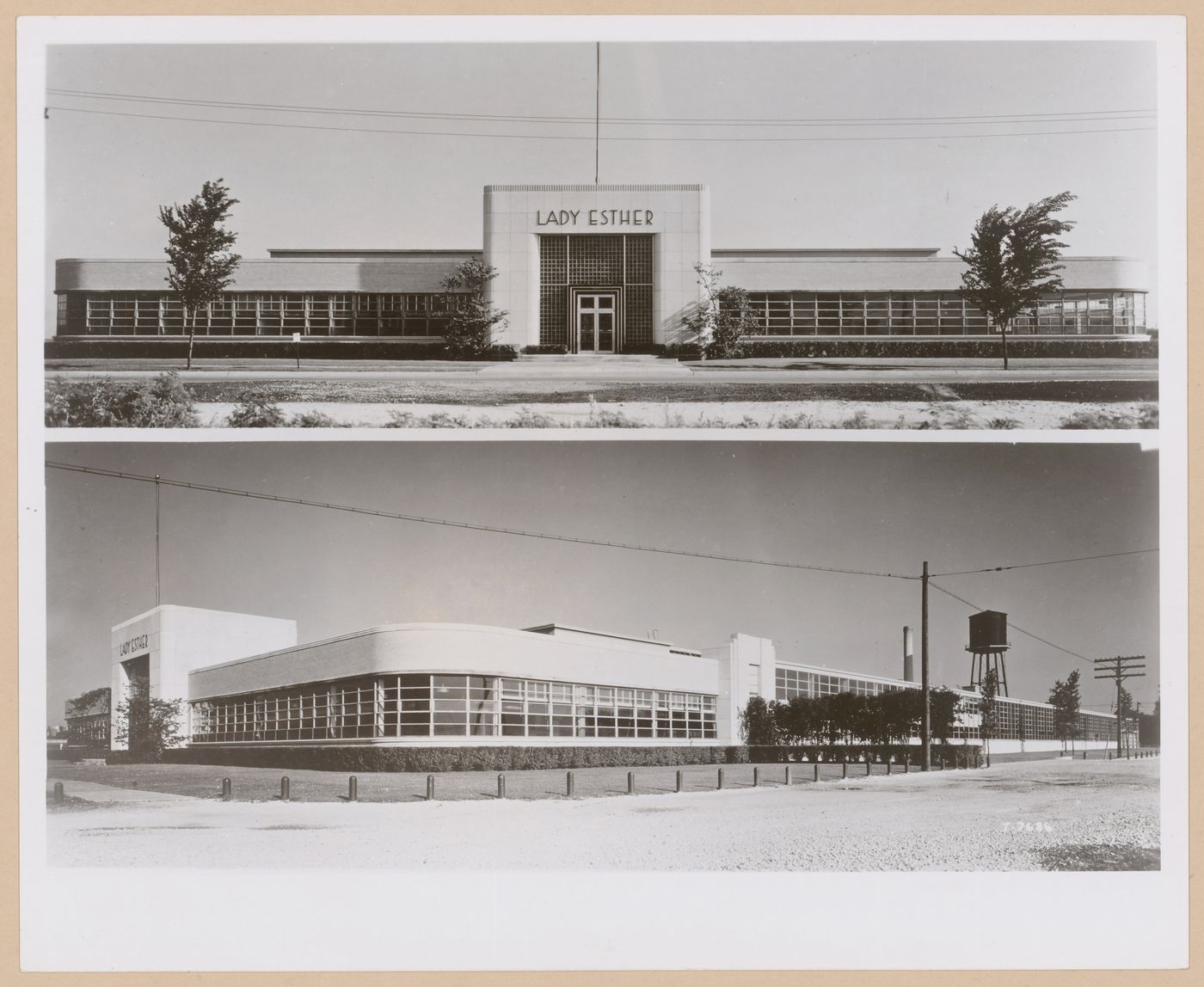 Views of the principal façade of the Administration Building and the lateral façades of the Administration Building and the Plant, Lady Esther Company, Chicago, Illinois