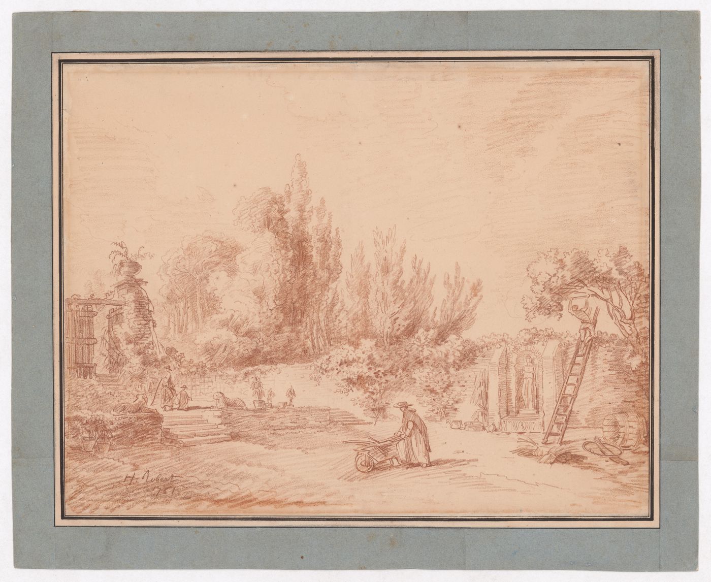 Garden being tended by gardeners, Italy