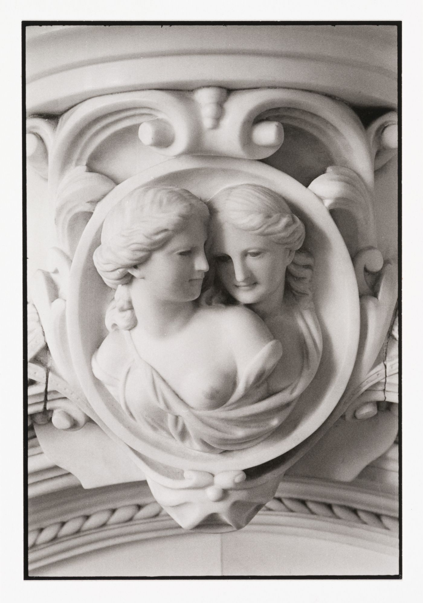 Close-up view of the fireplace mantel bas-relief in a front room in the west part of Shaughnessy House, Montréal, Québec, Canada