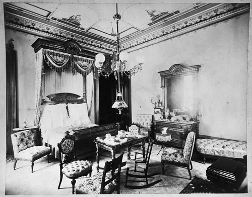 Bedroom with desk and chairs, Linden Towers, James Clair Flood Estate, Atherton, California