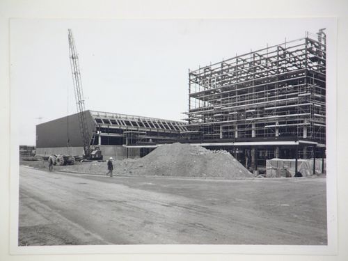 View of construction of steel structure for power station, from exterior, United Kingdom