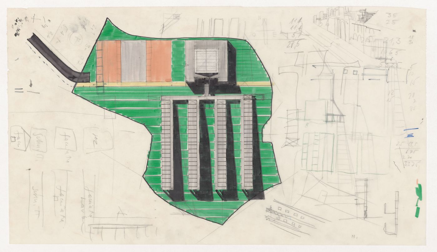 Sketch site plan with other sketches for Casa dello studente, Trieste, Italy