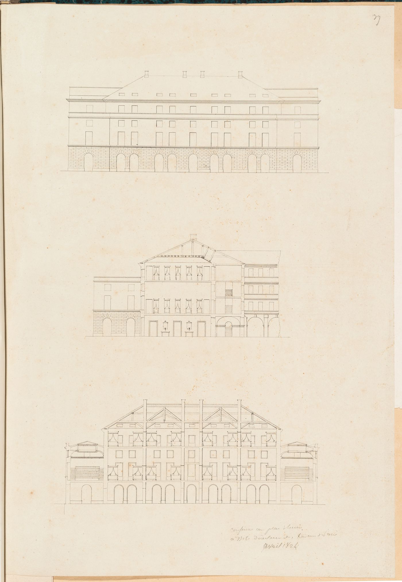 Project for the redevelopment of the École de médecine and surrounding area, Paris: Elevation, sectional elevation, and section for additions for the Clinique de l'École de médecine